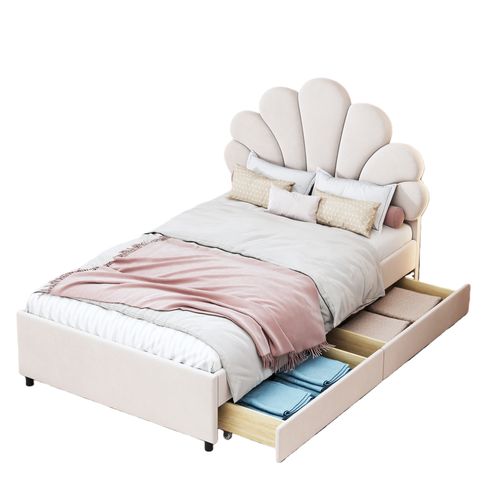 Lit Avec Rangement 90x200, Lit Simple Enfant Capitonné, Rangement, Sommier, Velours/bois, Beige