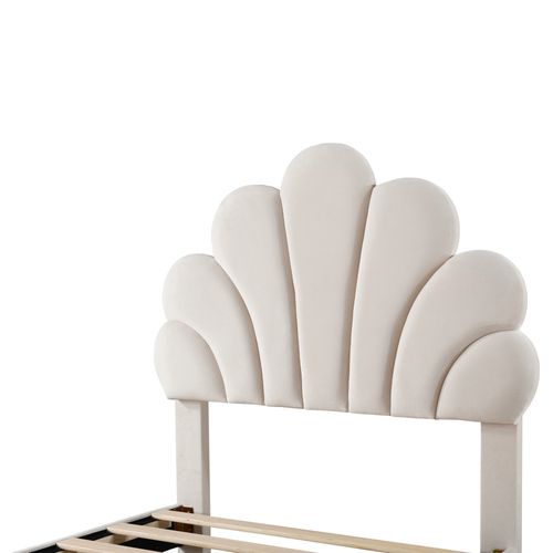 Lit Avec Rangement 90x200, Lit Simple Enfant Capitonné, Rangement, Sommier, Velours/bois, Beige