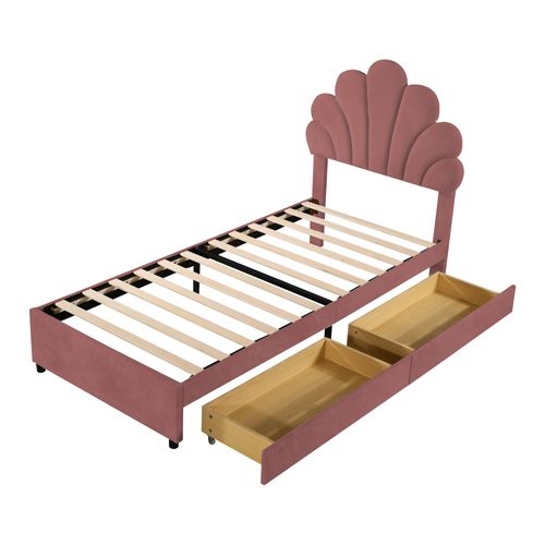 Lit Avec Rangement 90x200, Lit Simple Enfant Capitonné, Rangement, Sommier, Velours/bois, Rose