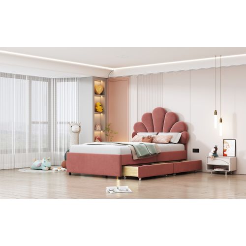 Lit Avec Rangement 90x200, Lit Simple Enfant Capitonné, Rangement, Sommier, Velours/bois, Rose