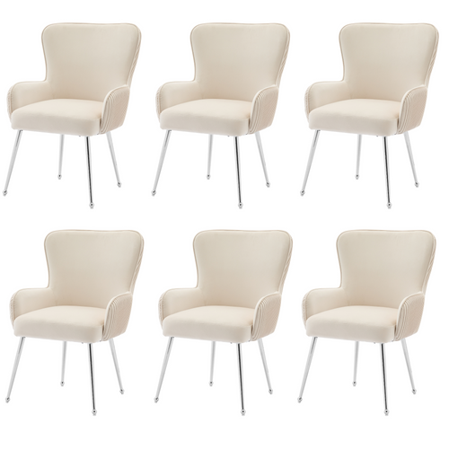Chaises Lot De 6 Moderne, Accoudoirs, Soutien Lombaire, Velours, Pieds Métal Argentés, Beige