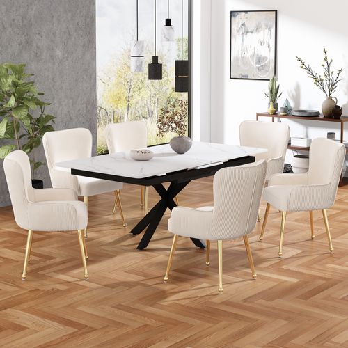 Chaises Lot De 6 Moderne Avec Accoudoirs, Soutien Lombaire, Velours, Pieds Métal Dorés, Beige