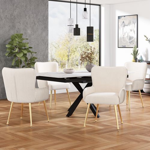 Chaises Lot De 6 Moderne Avec Accoudoirs, Soutien Lombaire, Velours, Pieds Métal Dorés, Beige
