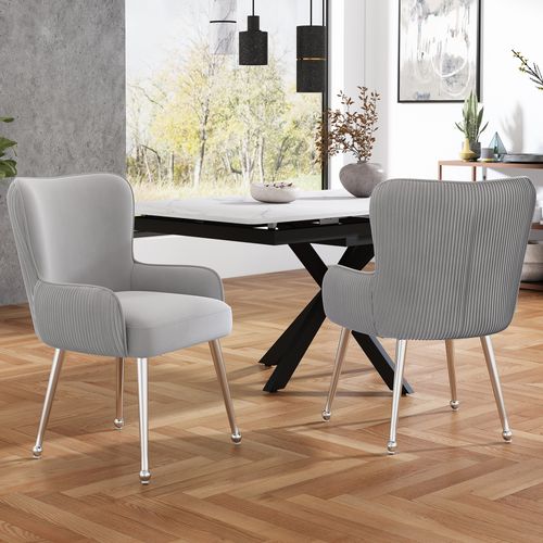 Chaises Lot De 6 Moderne, Accoudoirs, Soutien Lombaire, Velours, Pieds Métal Argentés, Gris