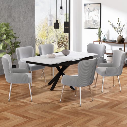 Chaises Lot De 6 Moderne, Accoudoirs, Soutien Lombaire, Velours, Pieds Métal Argentés, Gris