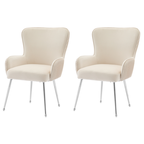 Chaises Lot De 2 Moderne, Accoudoirs, Soutien Lombaire, Velours, Pieds Métal Argentés, Beige