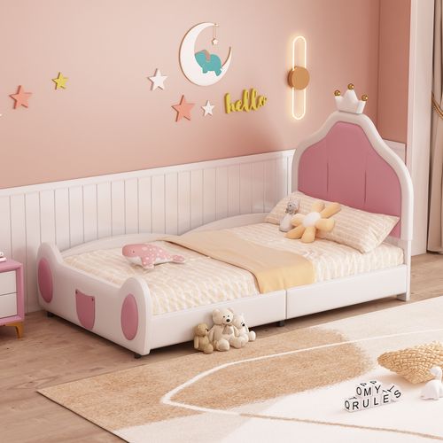 Lit Enfant 90x200 cm, Tête De Lit Couronne, Simili Cuir, Sans Matelas, Design Bicolore Blanc/rose