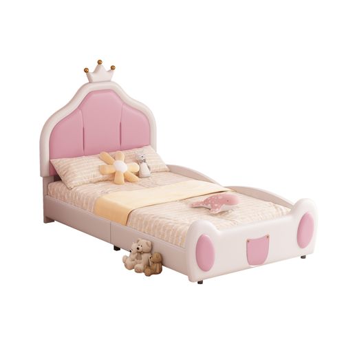 Lit Enfant 90x200 cm, Tête De Lit Couronne, Simili Cuir, Sans Matelas, Design Bicolore Blanc/rose