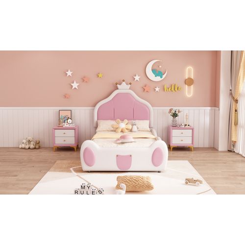 Lit Enfant 90x200 cm, Tête De Lit Couronne, Simili Cuir, Sans Matelas, Design Bicolore Blanc/rose