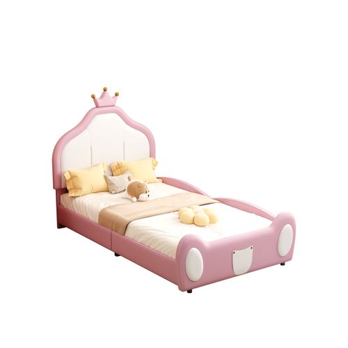 Lit Enfant 90x200 cm, Tête De Lit Couronne, Design Bicolore Simili Cuir, Sans Matelas, Rose
