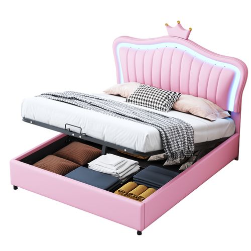 Lit Enfant 140x200 Cm Coffre Capitonné Avec LED, Rangement Hydraulique, Lit Double, Pu + Mdf, Rose