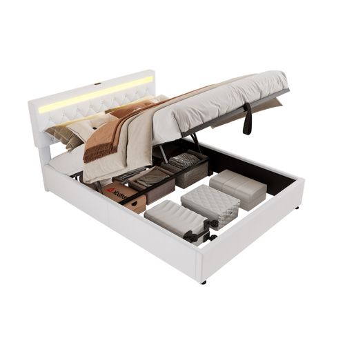 Lit Coffre 160x200 Cm Double Capitonné Avec LED Via App Mobile, USB Type-c, Lin Mdf, Blanc