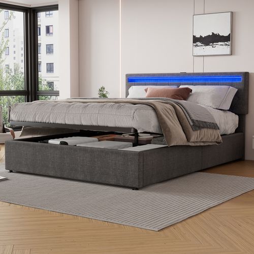 Lit Coffre 160x200 Cm Double Capitonné Avec LED Via App Mobile, USB Type-c, Lin Mdf, Gris