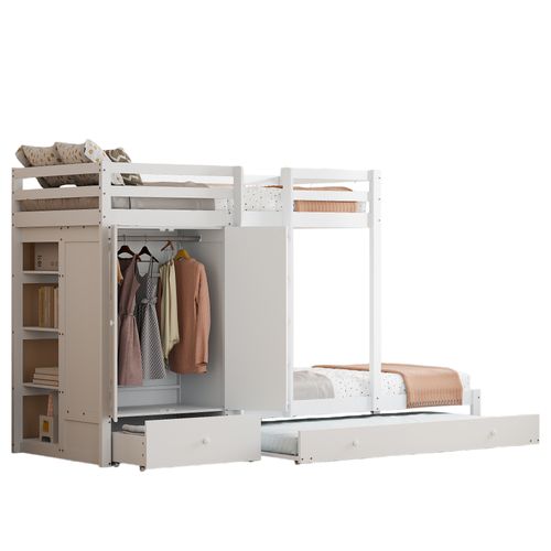 Lit Superposé 90x200 Cm Gigogne Enfant, Tiroirs, Escalier Sécurisé Et Penderie, Mdf Et Pin, Blanc