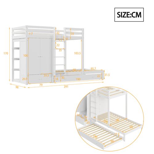 Lit Superposé 90x200 Cm Gigogne Enfant, Tiroirs, Escalier Sécurisé Et Penderie, Mdf Et Pin, Blanc