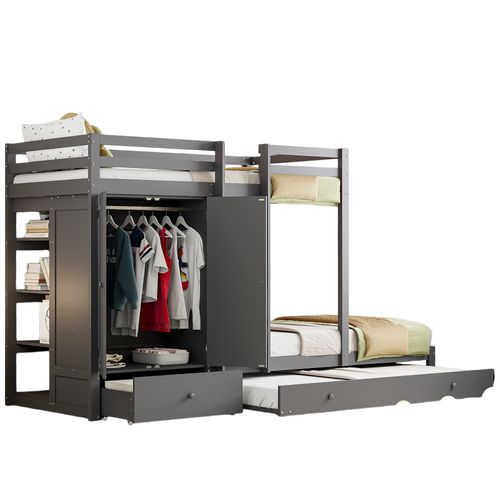 Lit Superposé 90x200 Cm - Lit Enfant Avec Lit Gigogne, Tiroirs Et Escalier, Penderie Intégrée, Gris
