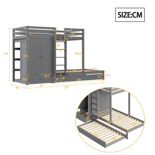 Lit Superposé 90x200 Cm - Lit Enfant Avec Lit Gigogne, Tiroirs Et Escalier, Penderie Intégrée, Gris
