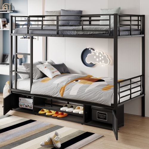 Lit Superposé Enfant 90x200 Cm, Échelle, Protection Anti-chute, Tiroirs Et Placard, Métal, Noir