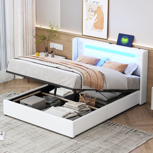 Lit Coffre 140x200 Cm - Lit Double Rembourré, LED, Lecteur Bluetooth, Port USB, Simili Cuir Blanc