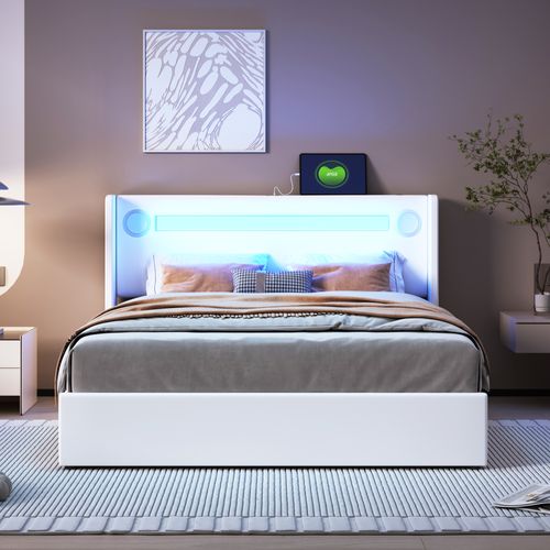 Lit Coffre 140x200 Cm - Lit Double Rembourré, LED, Lecteur Bluetooth, Port USB, Simili Cuir Blanc