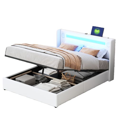 Lit Coffre 140x200 Cm - Lit Double Rembourré, LED, Lecteur Bluetooth, Port USB, Simili Cuir Blanc