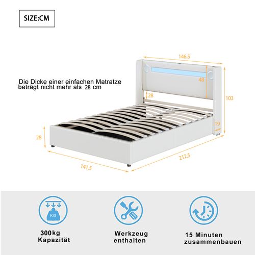 Lit Coffre 140x200 Cm - Lit Double Rembourré, LED, Lecteur Bluetooth, Port USB, Simili Cuir Blanc