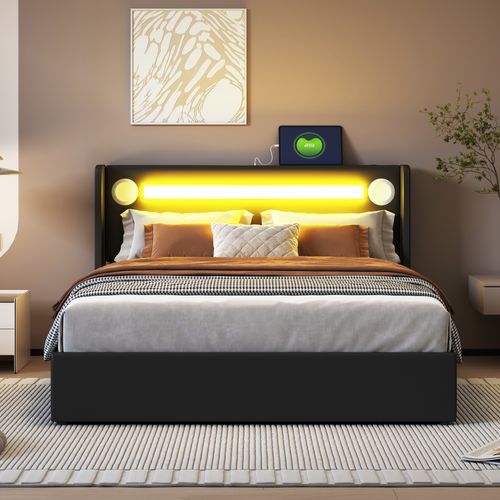 Lit Coffre 140x200 Cm - Lit Double Rembourré, LED, Lecteur Bluetooth, Port USB, Simili Cuir Noir
