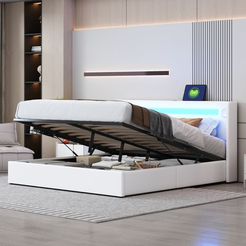 Lit Coffre Double 160x200 Cm - Lit Avec Éclairage LED, Bluetooth Et USB Intégré, Pu, Blanc