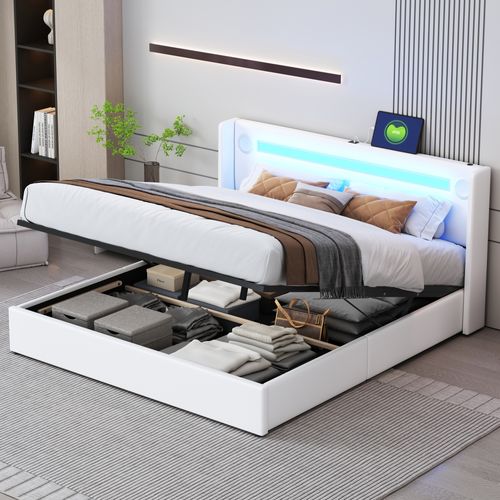 Lit Coffre Double 160x200 Cm - Lit Avec Éclairage LED, Bluetooth Et USB Intégré, Pu, Blanc