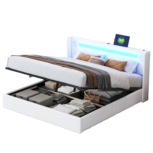 Lit Coffre Double 160x200 Cm - Lit Avec Éclairage LED, Bluetooth Et USB Intégré, Pu, Blanc
