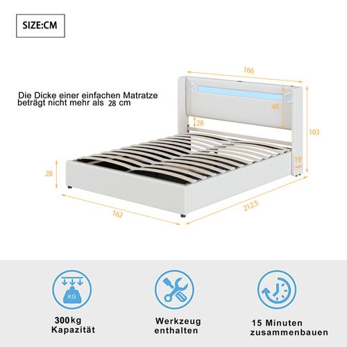 Lit Coffre Double 160x200 Cm - Lit Avec Éclairage LED, Bluetooth Et USB Intégré, Pu, Blanc