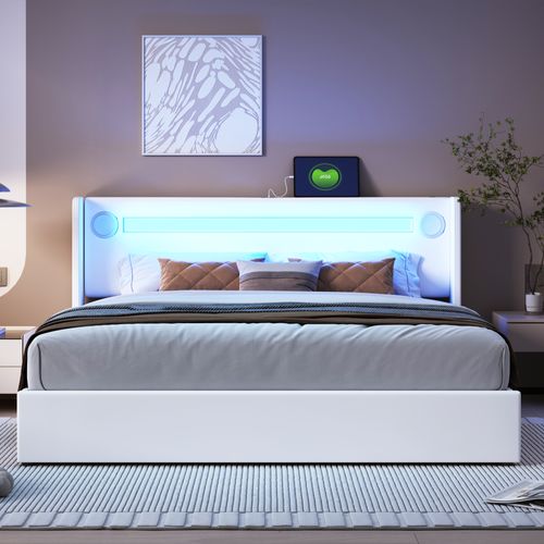 Lit Coffre Double 160x200 Cm - Lit Avec Éclairage LED, Bluetooth Et USB Intégré, Pu, Blanc