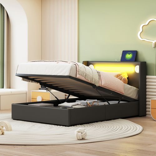 Lit Coffre 90x200 Cm - Lit Enfant Rembourré, LED, Lecteur Bluetooth Et Port USB, Rangement Noir