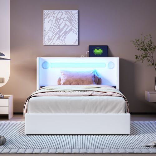 Lit Coffre 90x200 Cm - Lit Enfant Rembourré, LED, Lecteur Bluetooth Et Port USB, Rangement Blanc