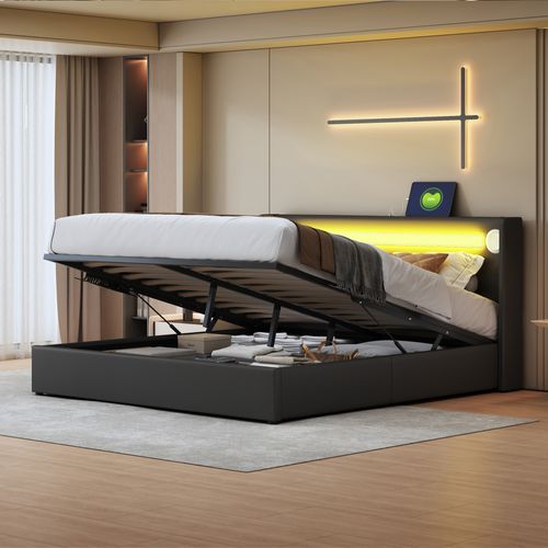 Lit Coffre Double 160x200 Cm - Lit Avec Éclairage LED, Bluetooth Et USB Intégré, Pu, Noir