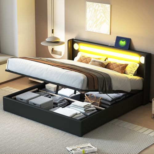Lit Coffre Double 160x200 Cm - Lit Avec Éclairage LED, Bluetooth Et USB Intégré, Pu, Noir