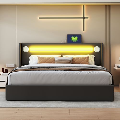Lit Coffre Double 160x200 Cm - Lit Avec Éclairage LED, Bluetooth Et USB Intégré, Pu, Noir