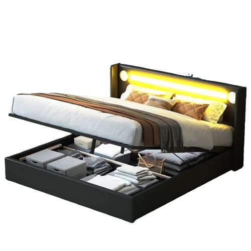 Lit Coffre Double 160x200 Cm - Lit Avec Éclairage LED, Bluetooth Et USB Intégré, Pu, Noir
