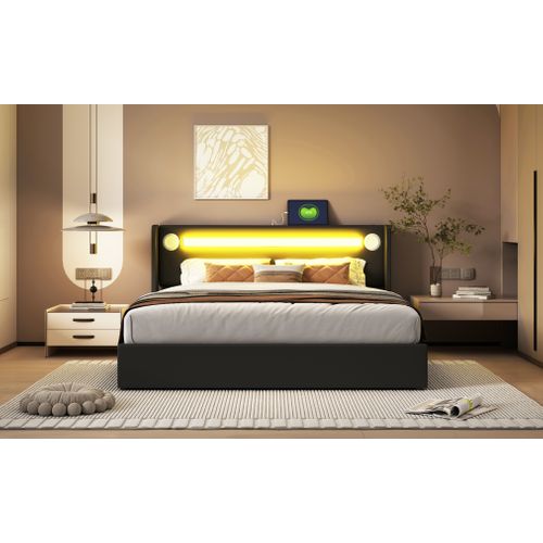 Lit Coffre Double 160x200 Cm - Lit Avec Éclairage LED, Bluetooth Et USB Intégré, Pu, Noir
