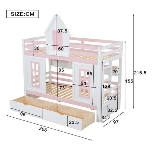 Lit Superposé Enfant 90x200 Cm Cabane Avec Toit, Fenêtre, 2 Tiroirs, Étagère Intégrée, Blanc/rose
