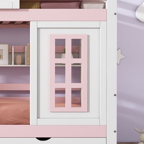 Lit Superposé Enfant 90x200 Cm Cabane Avec Toit, Fenêtre, 2 Tiroirs, Étagère Intégrée, Blanc/rose