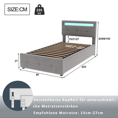Lit Coffre 90x200 Cm - Lit Hydraulique, Rangement Pratique Et Tête De Lit Réglable, Velours Gris