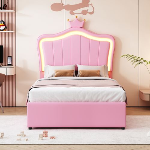 Lit Coffre 90x200 Cm Enfant Avec Couronne Blanche Et LED, Design Capitonné Élégant, Rose