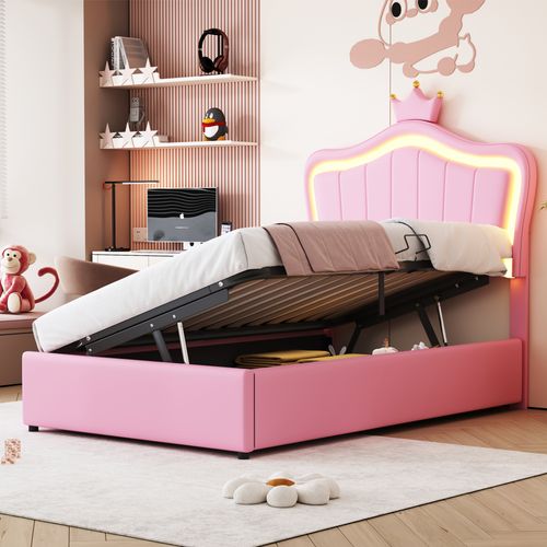 Lit Coffre 90x200 Cm Enfant Avec Couronne Blanche Et LED, Design Capitonné Élégant, Rose