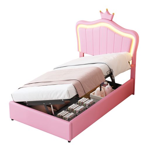 Lit Coffre 90x200 Cm Enfant Avec Couronne Blanche Et LED, Design Capitonné Élégant, Rose