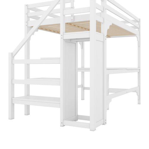 Lit Mezzanine 140x200 Cm - Lit Combiné Avec Bureau Et Armoire Ouverte, Lit Junior En Bois - Blanc