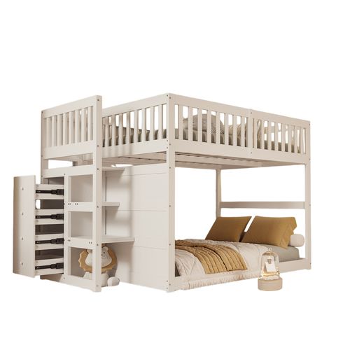 Lit Superposé 140x200 Cm - Lit Junior Avec Rangement, Cadre En Bois Avec Clôture, Blanc