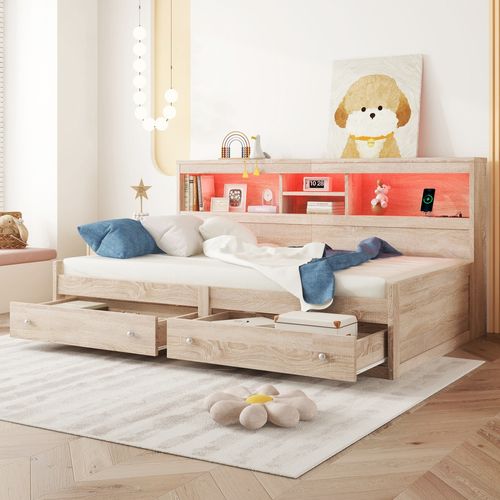 Lit Banquette 90x200 Cm Simple Enfant/ado Avec Ports USB Et Éclairage LED, Structure Mdf, Naturel