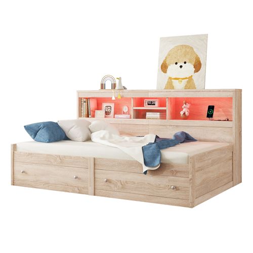 Lit Banquette 90x200 Cm Simple Enfant/ado Avec Ports USB Et Éclairage LED, Structure Mdf, Naturel