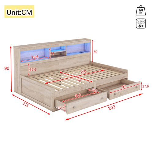 Lit Banquette 90x200 Cm Simple Enfant/ado Avec Ports USB Et Éclairage LED, Structure Mdf, Naturel